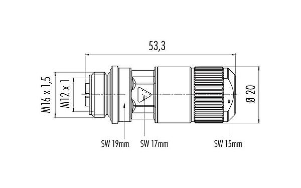 比例图 99 3788 810 08 - M12 直头孔头电缆连接器, 极数: 8, 5.5-9.0mm, 可接屏蔽, IDC, IP67