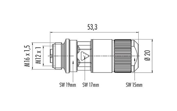 Scale drawing M12 Female cable connector, Contacts: 8, 5.5-9.0 mm, shieldable, IDC, IP67