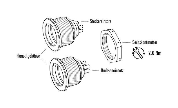 Einzelteildarstellung Push Pull Flanschdose, Polzahl: 3, schirmbar, löten, IP67, M21x1,0, Rückwandmontage