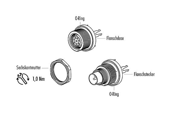 Einzelteildarstellung M9 Flanschdose, Polzahl: 7, schirmbar, THT, IP67, M12x0,5, Rückwandmontage, vergossen