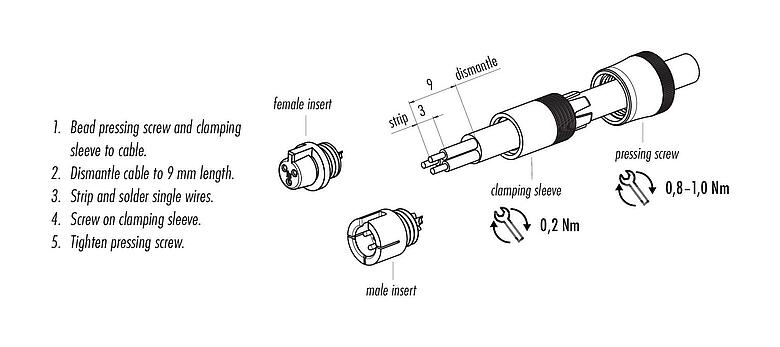 装配说明 Snap-in 快插 直头针头电缆连接器, 极数: 4, 3.0-4.0mm, 非屏蔽, 焊接, IP40