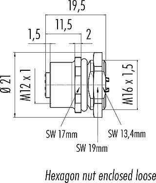 Scale drawing M12 Female panel mount connector, Contacts: 8, unshielded, solder, IP67, UL 2238, M16x1.5, Front mounting