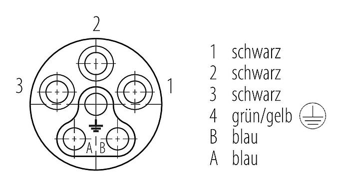 Polbild (Steckseite) Bajonett Flanschdose, Polzahl: 6, ungeschirmt, Litzen, IP66/IP67, UL 2237, M20x1,5, Frontmontage
