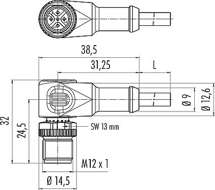 Skalritning M12 Vinkelplugg, antal poler: 4, oskärmad, fastgjuten på kabeln, IP68/IP69K, UL 2238, PUR, svart, 4 x 0,34 mm², 5 m
