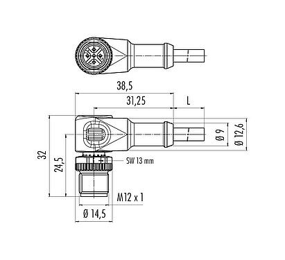 Scale drawing M12 Male angled connector, Contacts: 3, unshielded, moulded on the cable, IP68/IP69K, UL 2238, PVC, grey, 3 x 0.34 mm², 2 m