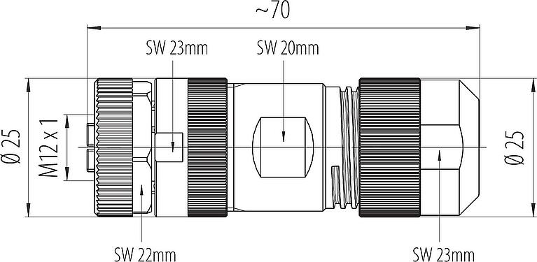 Dessin coté M12 Connecteur femelle, Contacts: 4+PE, 8,0-13,0 mm, non blindé, pince à visser, IP67, UL 2237 en préparation, avec connexion PE