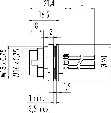 比例图 M16 针头法兰座, 极数: 6 (06-a), 非屏蔽, 带导线, IP67, UL 2238, M18x0,75, 後壁安裝
