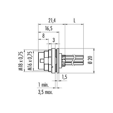 Scale drawing M16 Male panel mount connector, Contacts: 8 (08-a), unshielded, single wires, IP68, UL 2238, AISG compliant, M18x0,75, Rear mounting