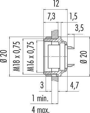 縮尺図 M16 メスパネルマウントコネクタ, 極数: 24, 非シールド, はんだ, IP40, M18x0,75, 背面パネルマウント