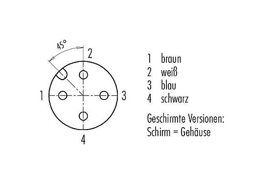 Polbild (Steckseite) 77 3534 0000 20704-0200 - M12 Winkeldose, Polzahl: 4, geschirmt, am Kabel angespritzt, IP67, UL, PVC, grau, 4 x 0,34 mm², 2 m
