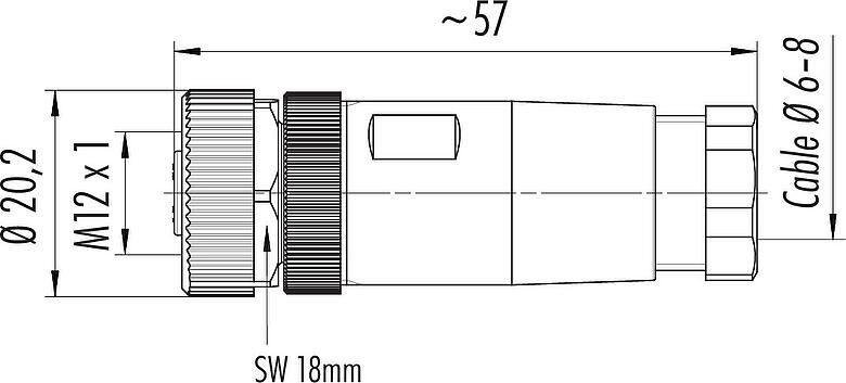 Dessin coté M12 Connecteur femelle, Contacts: 4, 6,0-8,0 mm, non blindé, pince à visser, IP67, UL 2238, VDE