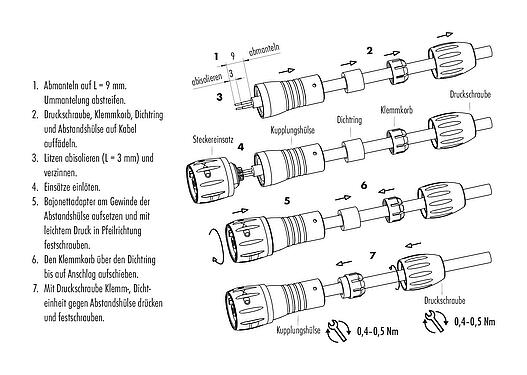 Montageanleitung Bajonett Kabelstecker, Polzahl: 8, 2,5-4,0 mm, ungeschirmt, löten, IP67 (auch ungesteckt)