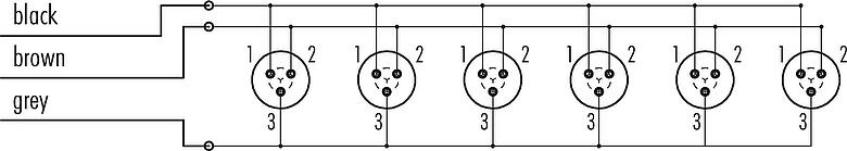 Schémas d’affectation des broches Snap-In Distributeur 6 voies, Contacts: 3, non blindé, surmoulé sur le câble, IP67, 3 x 0,75 mm²