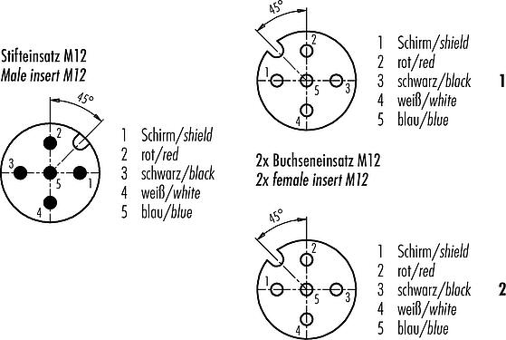 Disposition des contacts (Côté plug-in) M12 Répartiteur de câbles connecteur mâle - 2 connecteurs femelle, Contacts: 5, blindé, surmoulé sur le câble, IP67, CAN-Bus, PUR, violet, 1 x 2 x AWG 22 + 1 x 2 x AWG 24, 1 m