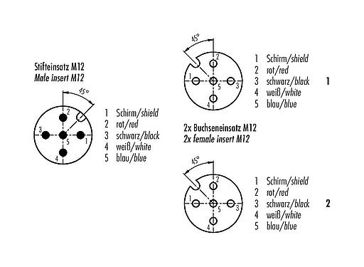 Polbild (Steckseite) M12 Kabelsplitter Kabelstecker - 2 Kabeldosen, Polzahl: 5, geschirmt, am Kabel angespritzt, IP67, CAN-Bus, PUR, violett, 1 x 2 x AWG 22 + 1 x 2 x AWG 24, 1 m