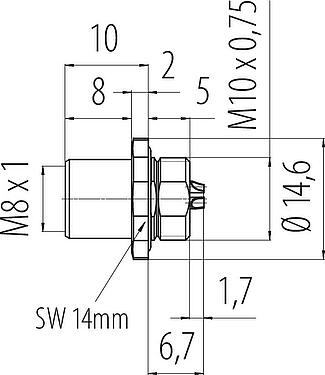 Scale drawing M8 Female panel mount connector, Contacts: 4, solder, IP67/IP69K, M10x0.75, Front mounting, with solder cups