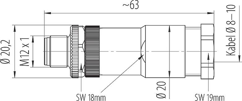 Maßzeichnung M12 Kabelstecker, Polzahl: 4, 8,0-10,0 mm, ungeschirmt, schraubklemm, IP67, UL 2238, VDE