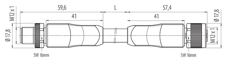 Масштабный чертеж M12 Кабельный штекер - кабельная розетка, Количество полюсов: 4+PE, не экранированный, формовка на кабеле, IP68, UL 2238, PUR, черный, 5 x 2,50 мм², UL в процессе подготовки, 2 м