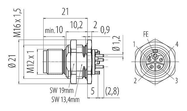 Disegno in scala M12 Connettore maschio a flangia, Numero poli: 4+FE, non schermato, THR, IP67, UL 2238, M16x1,5, Montaggio su panello posteriore