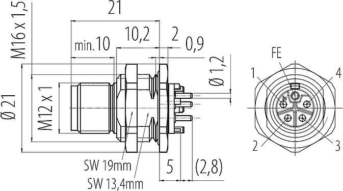比例图 M12 针头法兰座, 极数: 4+FE, 非屏蔽, THR, IP67, UL 2238, M16x1.5, 後壁安裝