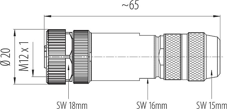 Maßzeichnung M12 Kabeldose, Polzahl: 4, 8,0-9,0 mm, schirmbar, schraubklemm, IP67, UL 2238, Irisfeder