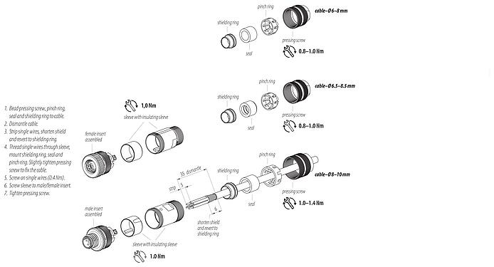Assembly instructions M12 Male cable connector, Contacts: 5, 6.5-8.5 mm, shieldable, screw clamp, IP67, UL 2238