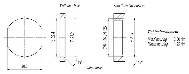Szerelési adatok 7/8" panelre szerelhető csatlakozó, : 2+PE, árnyékolatlan, sodrott vezeték, IP68, UL 2238, VDE, elülső rögzítés