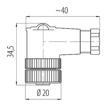 Dessin coté M12 Connecteur femelle coudé, Contacts: 2+PE, 4,0-6,0 mm, non blindé, pince à visser, IP67