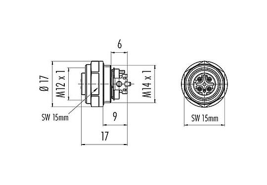 Scale drawing M12 Female panel mount connector, Contacts: 4, shieldable, SMT, IP67, Front mounting