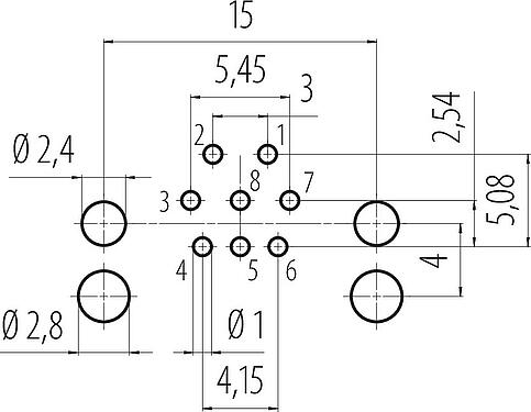 導體佈局 M12 針頭法蘭座,彎角, : 8, 非遮罩, THR, IP68, UL 2238, 後壁安裝, 用於PCB組裝