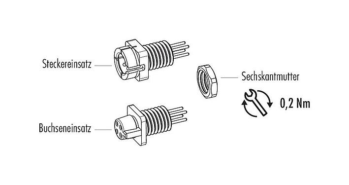 Einzelteildarstellung Snap-In Flanschdose, Polzahl: 3, ungeschirmt, THT, IP40, 1/4" 28 UNF, Frontmontage