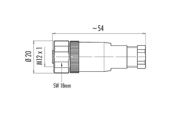 Disegno in scala M12 Connettore cavo femmina, Numero poli: 4, 4,0-6,0 mm, non schermato, morsetto a vite, IP67, UL 2238