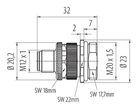 Dessin coté M12 Embase mâle, Contacts: 3+PE, non blindé, pince à visser, IP68, UL 2238, VDE, M20x1,5, Montage frontal, pour l'alimentation électrique