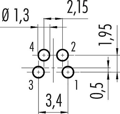 Conductor layout M8 Female panel mount connector, Contacts: 4, unshielded, THT, IP67, M12x1.0, Rear mounting, potted