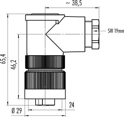 Dessin coté RD24 Connecteur femelle coudé, Contacts: 6+PE, 8,0-10,0 mm, non blindé, sertir (Les contacts à sertir doivent être commandés séparément), IP67, UL, ESTI+, VDE, PG 11