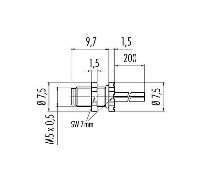 Scale drawing M5 Male panel mount connector, Contacts: 4, unshielded, single wires, IP67, M5x0.5, Rear mounting, potted