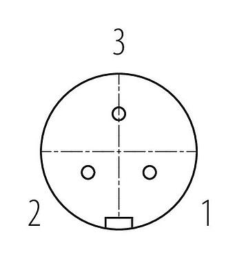 Polbild (Steckseite) Snap-In Flanschdose, Polzahl: 3, ungeschirmt, löten, IP67, UL 2238, VDE, M12x1,0, Frontmontage