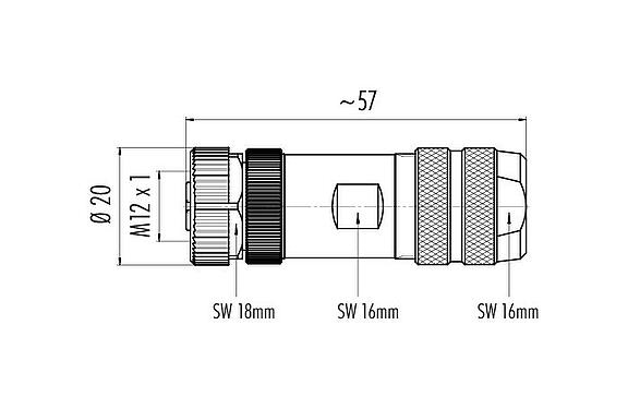 Scale drawing M12 Female cable connector, Contacts: 8, 8.0-10.0 mm, shieldable, screw clamp, IP67, UL 2238, with shielding ring