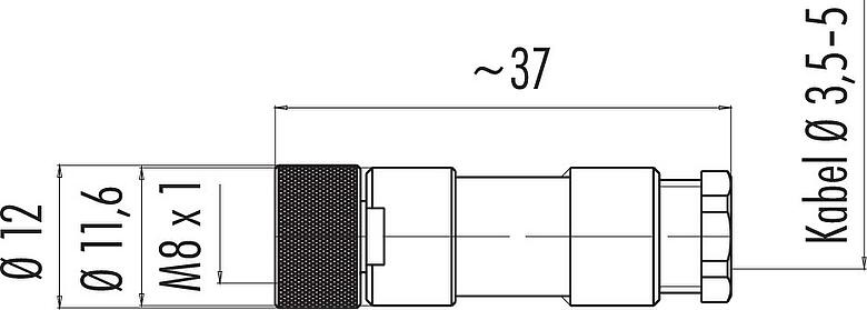 Maßzeichnung M8 Kabeldose, Polzahl: 3, 3,5-5,0 mm, ungeschirmt, löten, IP67, UL 2238