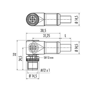 縮尺図 M12 オスアングルコネクタ, 極数: 5, シールド, モールドケーブル付き, IP68, UL 2238, CAN-Bus, PUR, パープル, 1x2xAWG 22+1x2xAWG 24, 10m