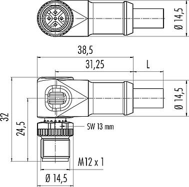스케일 드로잉 M12 각진 플러그, 콘택트 렌즈: 5, 쉴드, 케이블에 몰딩, IP68, UL 2238, CAN-Bus, PUR, 보라색, 1x2xAWG 22+1x2xAWG 24, 5m