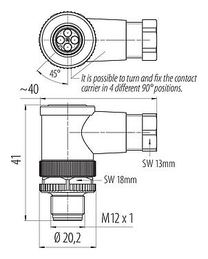 Disegno in scala M12 Connettore angolare maschio, Numero poli: 4, 4,0-6,0 mm, non schermato, crimpare (I contatti a crimpare devono essere ordinati separatamente), IP67, UL 2238