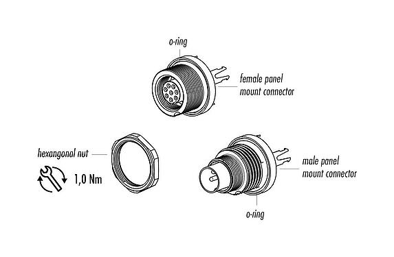 Component part drawing M9 Female panel mount connector, Contacts: 8, shieldable, THT, IP67, M12x0.5, Rear mounting