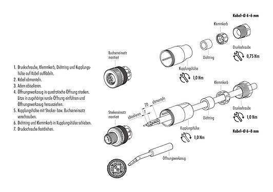 Montageanleitung M12 Kabelstecker, Polzahl: 4, 4,0-6,0 mm, ungeschirmt, Käfigzugfeder, IP67