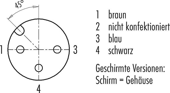 Polbild (Steckseite) M12 Kabeldose, Polzahl: 3, geschirmt, am Kabel angespritzt, IP67, UL 2238, PUR, schwarz, 3 x 0,34 mm², 2 m