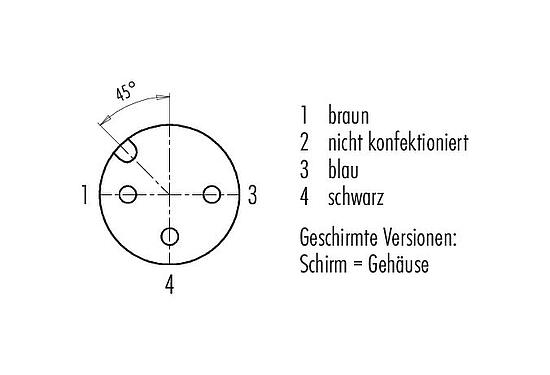 Polbild (Steckseite) M12 Kabeldose, Polzahl: 3, geschirmt, am Kabel angespritzt, IP67, UL 2238, PUR, schwarz, 3 x 0,34 mm², 5 m