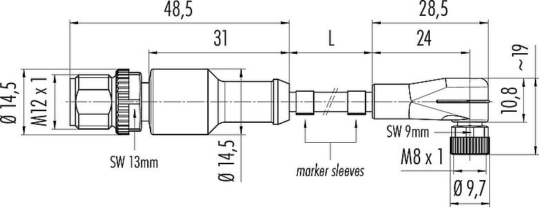 Scale drawing M12/M8 Male cable connector - female angled connector, Contacts: 3, unshielded, moulded on the cable, IP67/IP69K, UL 2238, PUR, black, 3 x 0.34 mm², 1 m