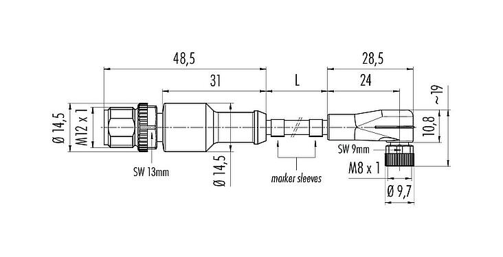 Scale drawing M12/M8 Male cable connector - female angled connector, Contacts: 3, unshielded, moulded on the cable, IP67/IP69K, UL 2238, PUR, black, 3 x 0.34 mm², 1 m