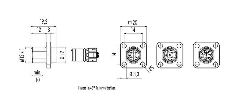 Maßzeichnung M12 Vierkant-Flanschstecker, Polzahl: 5, ungeschirmt, UL 2238, M3 (4x), Frontmontage, Kodierungsausrichtung positionierbar