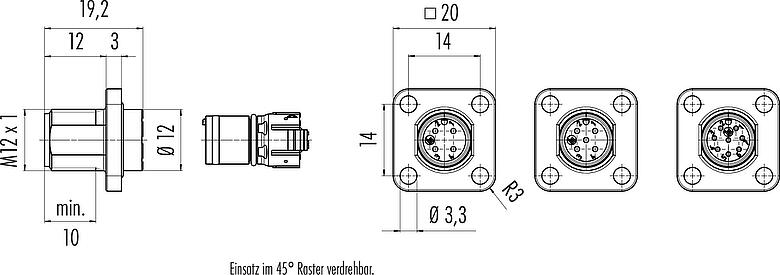Maßzeichnung M12 Vierkant-Flanschstecker, Polzahl: 4, ungeschirmt, UL 2238, M3 (4x), Frontmontage, Kodierungsausrichtung positionierbar